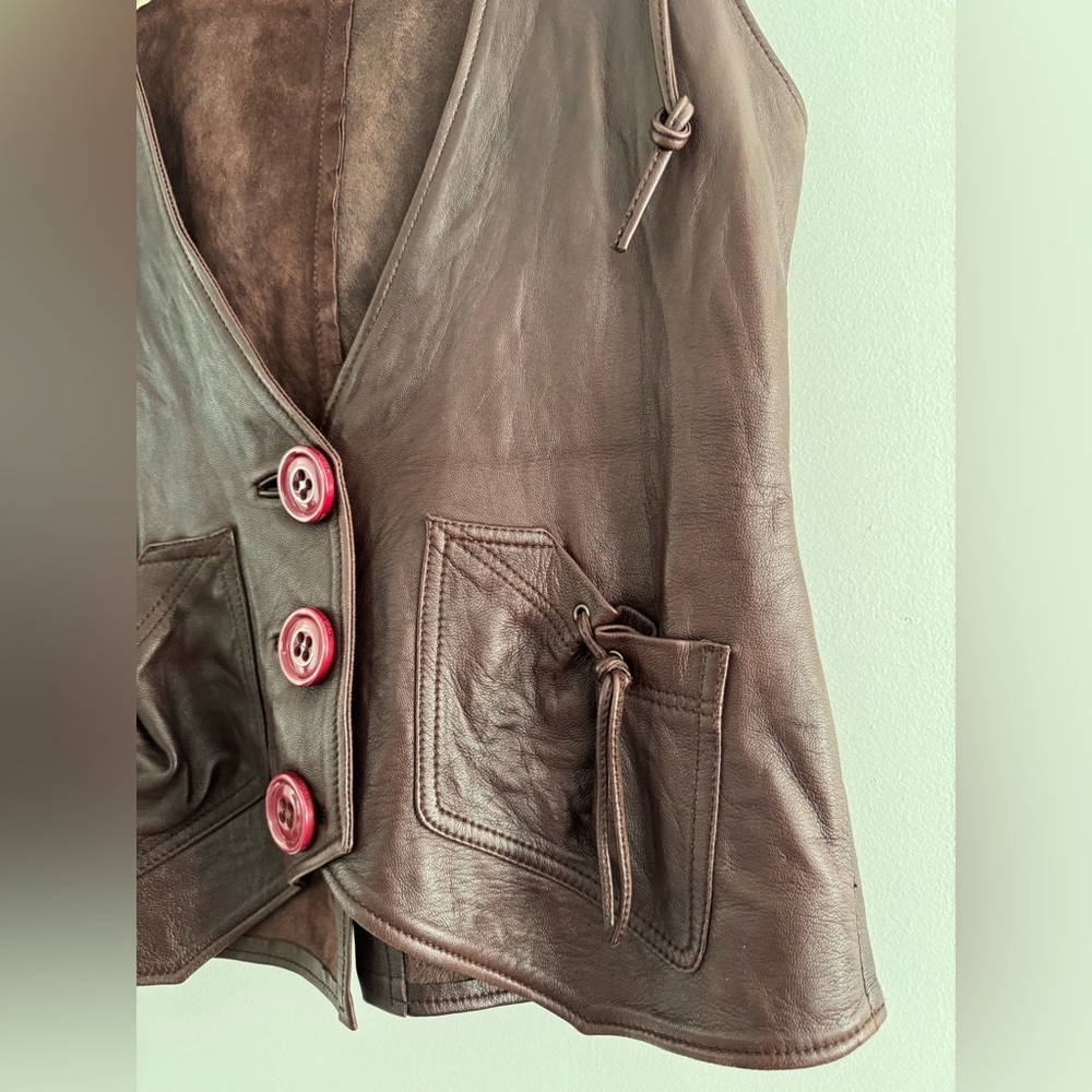 Women's Brown Leather Vest with Hood - Picture 3 of 8